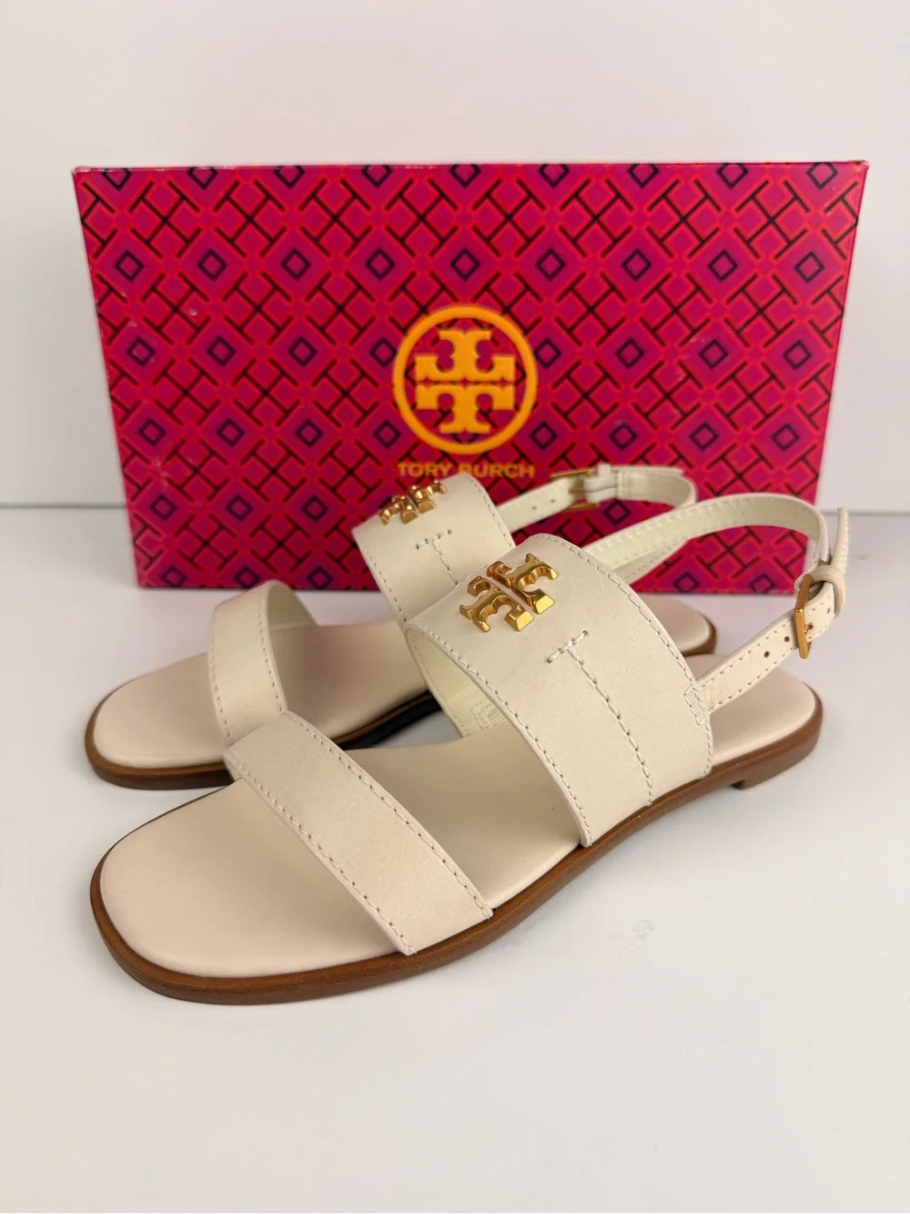 Tory Burch Mini Everly Back Strap Sandals New Ivory Gold Logo Flat Size 5